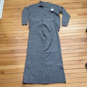 Women's Gray Cashmere Blend Knit Two-Piece Set - long skirt + collared sweater